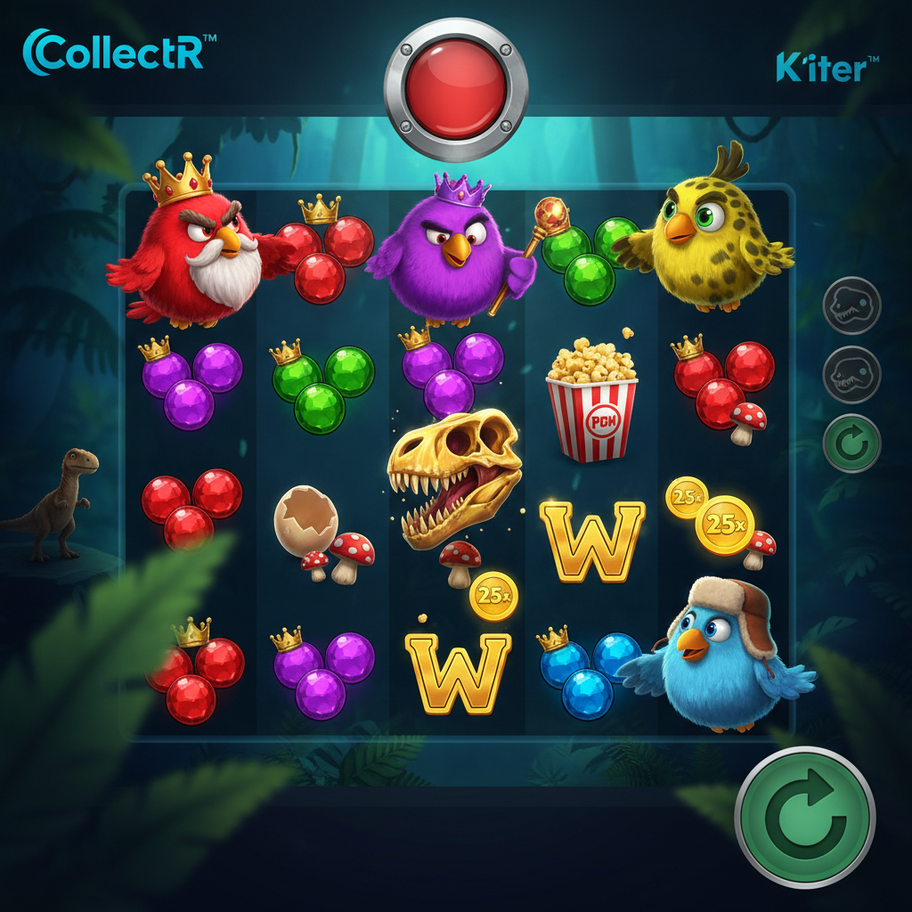 PIROTS 2 Slot: Vier sammelnde Vögel in prähistorischem Dschungel mit Edelsteinen und Bonussymbolen auf erweiterbarem 6x6 Spielfeld
