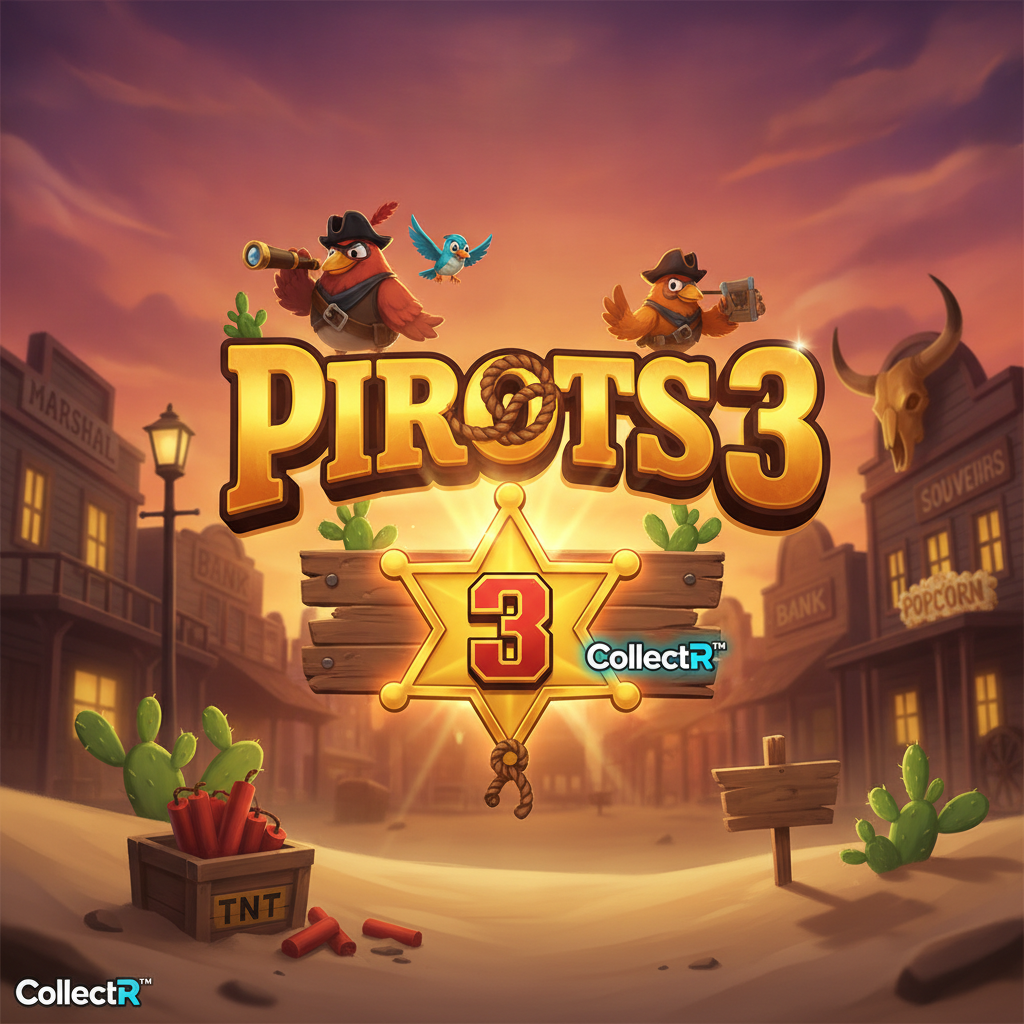 PIROTS 3 Slot mit Western-Thema, Vogel-Banditen, TNT-Kisten, Kaktus und goldener Sheriff-Stern mit Zahl 3 vor Sonnenuntergang Wild-West-Stadt