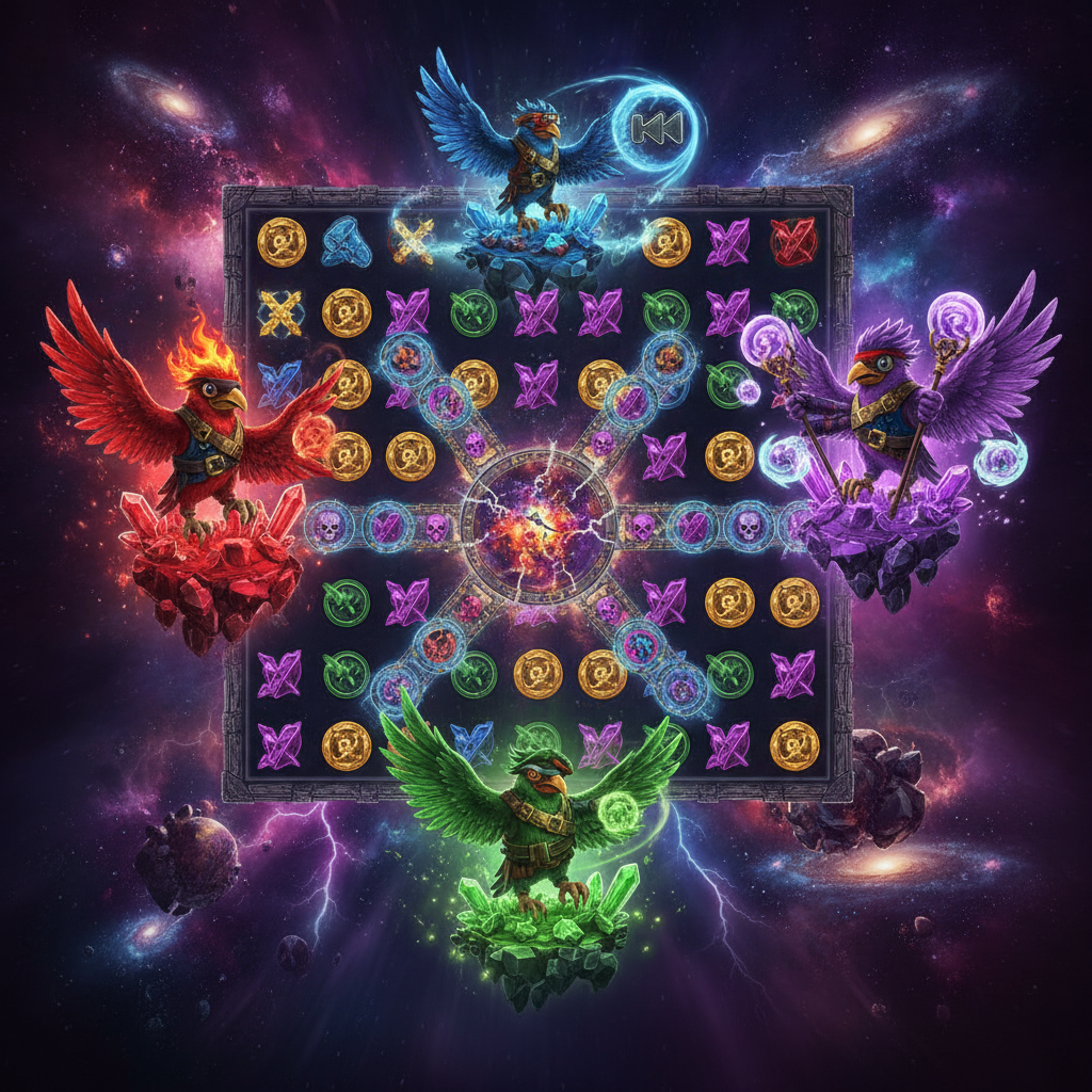 Pirots 5 Slot mit vier chrono-vögeln in kollabierendem Dimensionsriss, Reality Core und Portal-Netzwerk