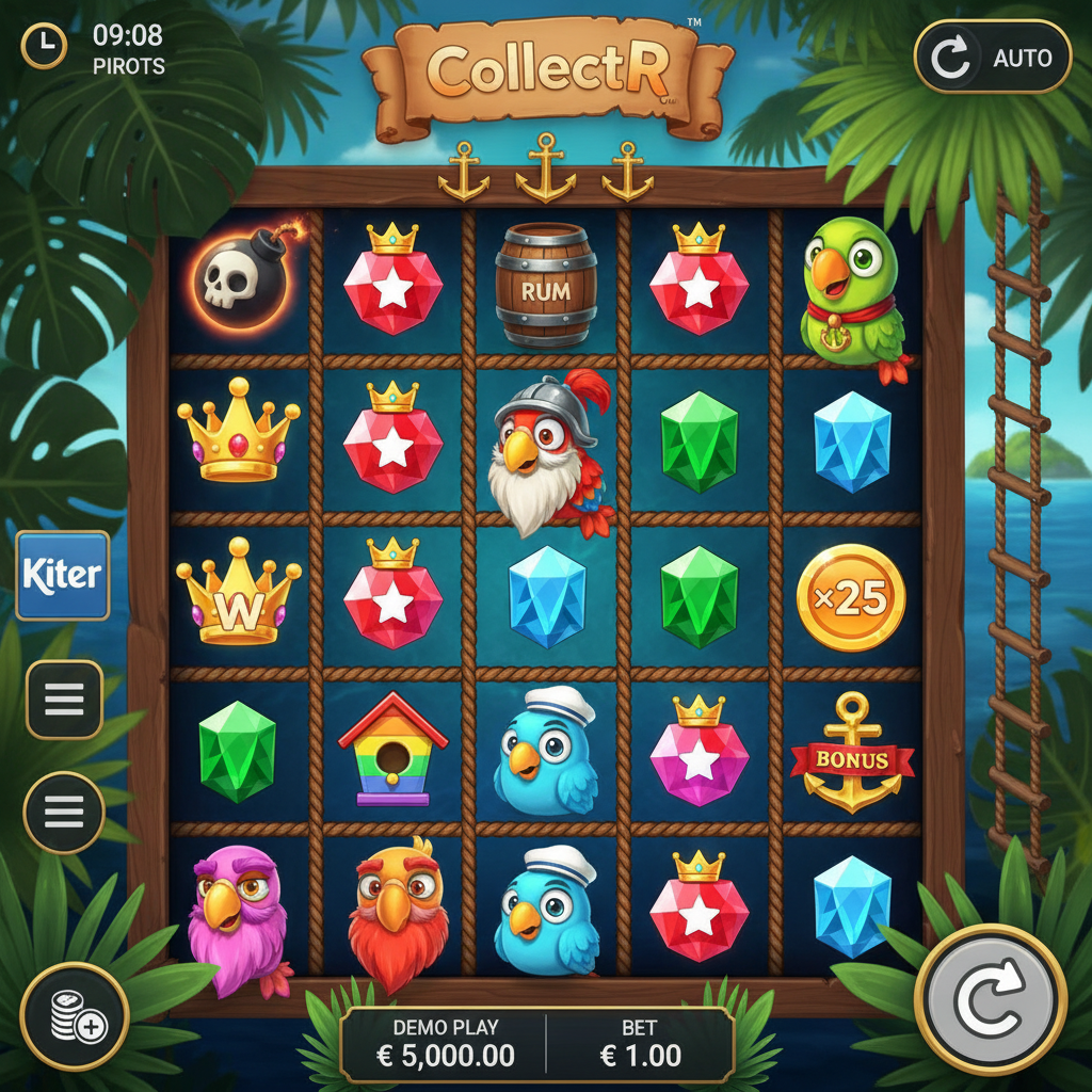 Pirots Spielautomat zeigt 5x5 Spielfeld mit bunten Papageien-Charakteren, Kristallen mit Kronen, goldenen Ankern und tropischem Piratenabenteuer-Thema