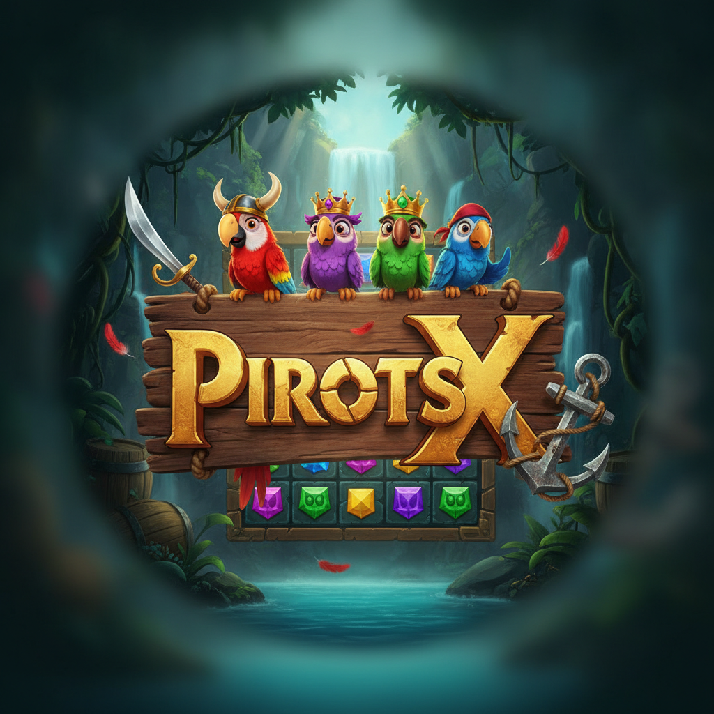 Pirots X Slot von ELK Studios mit vier Piraten-Papageien in Rot Lila Grün Blau auf tropischer Schatzinsel mit goldenem Anker und Schatztruhen