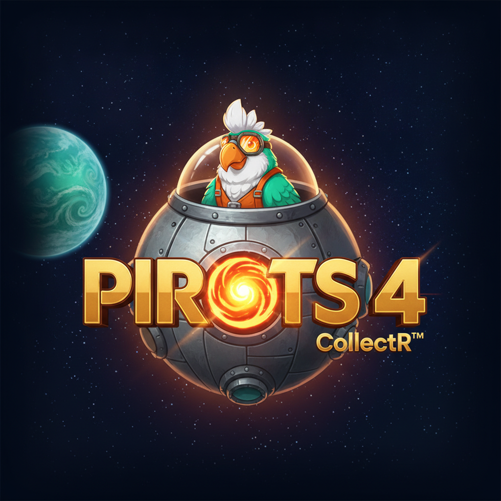 Pirots 4 Weltraum-Papageien im Raumschiff mit goldener Logo-Schrift vor dunklem Sternenraum und türkisem Planeten